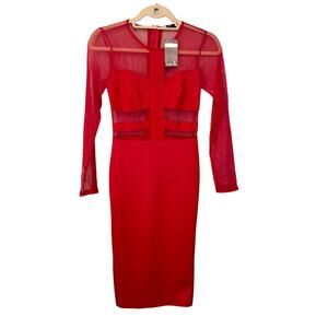 Zack Bodycon Dress 8 Red Sheer Mesh Grid Long Sleeve Party Cocktail Clubwear NWT